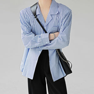 Blue Striped Cuban Collar Pad Shirt