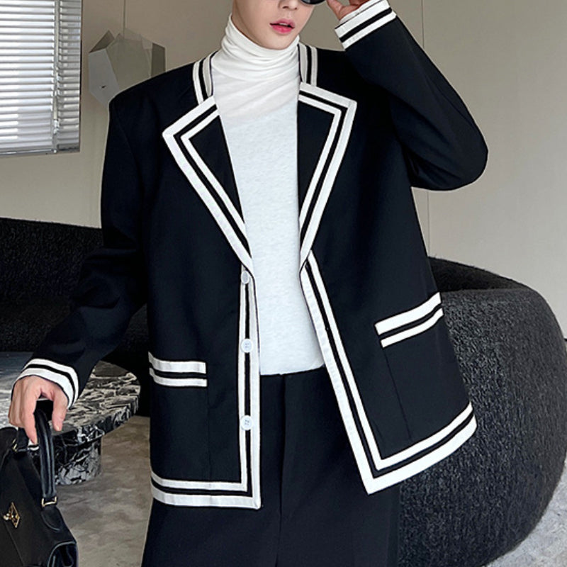 Contrast Striped Webbing-padded Shoulder Blazer