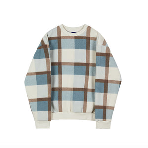 Casual Round Neck Color Block Plaid Loose Sweatshirt