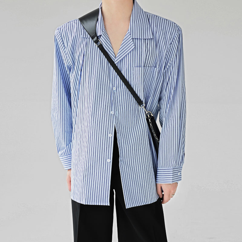 Blue Striped Cuban Collar Pad Shirt