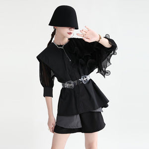 Lapel Panel Ruffle Roll Ruffle Short Sleeve Shirt