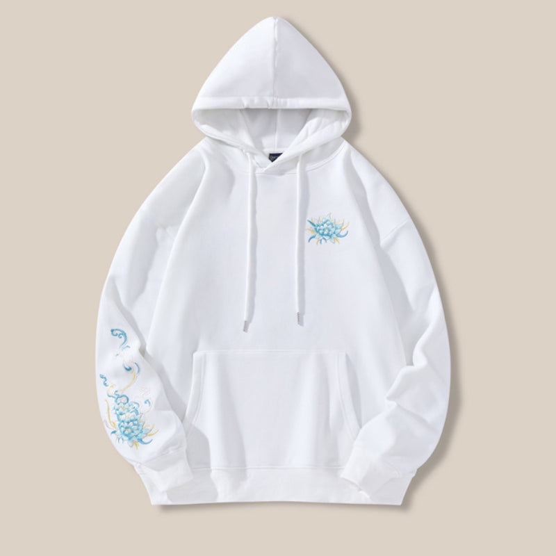 Embroidered Hooded Loose-fitting Pullover Sweatshirt