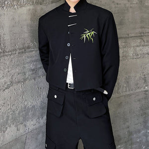 Cropped Embroidered Metal Button Stand Collar Jacket