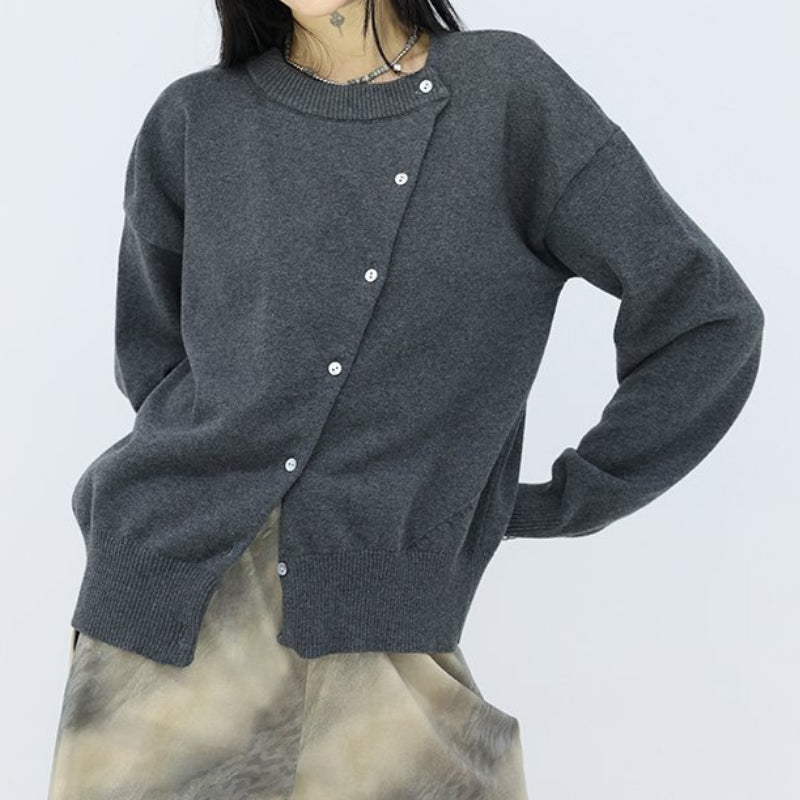 Loose Button Slant Cardigan Sweater