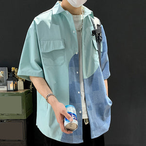 Denim Patchwork Short-sleeved Casual Shirt