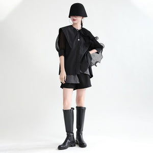 Lapel Panel Ruffle Roll Ruffle Short Sleeve Shirt