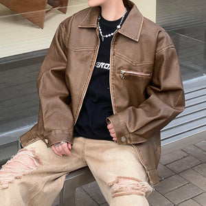 Distressed Brown PU Leather Zip-Up Jacket