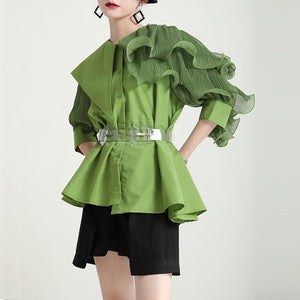 Lapel Panel Ruffle Roll Ruffle Short Sleeve Shirt