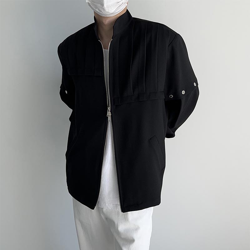 Accordion Pleated Zipper Stand Collar Jacket