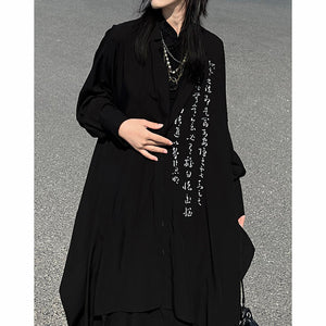 Asymmetric Hem Calligraphy Print Oversized Shirt