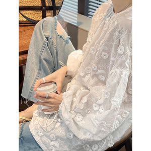 Embroidered Puff Sleeves Lace Up Long Sleeve Shirt