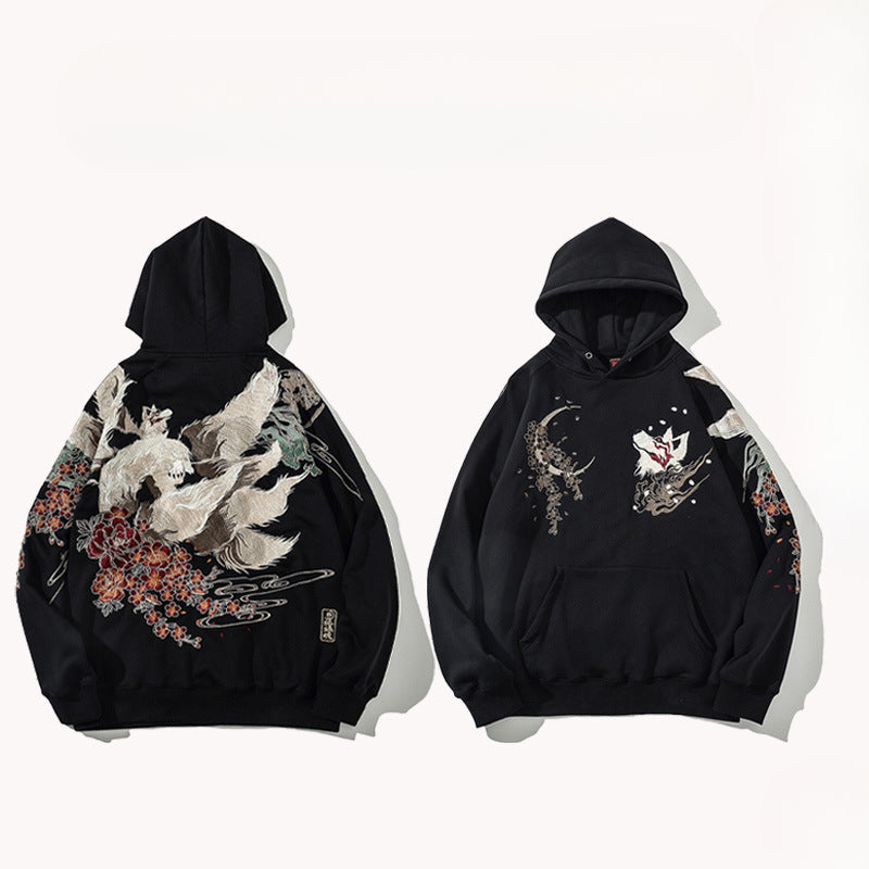 Embroidered Loose Wool Hooded Sweatshirt Coat