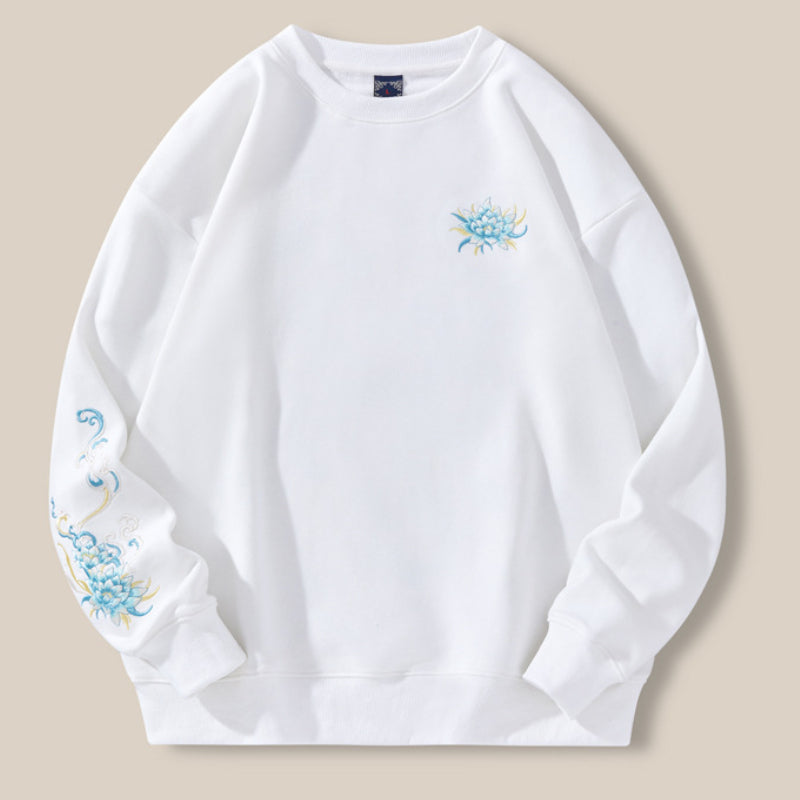 Embroidered Loose Round Neck Fleece Sweatshirt