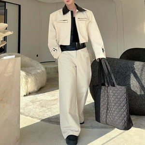 Contrast Color Patchwork Leather Zipper Large Pocket Jacket Casual Wide-leg Pants Two-piece Suit