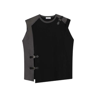 Contrast Paneled Leather Tab Sleeveless T-shirt