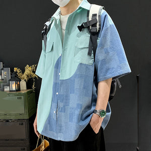 Denim Patchwork Short-sleeved Casual Shirt