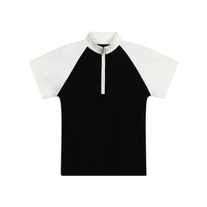 Colorblock Zip Mock Neck Raglan Sleeves T-Shirt