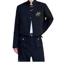 Load image into Gallery viewer, Cropped Embroidered Metal Button Stand Collar Jacket
