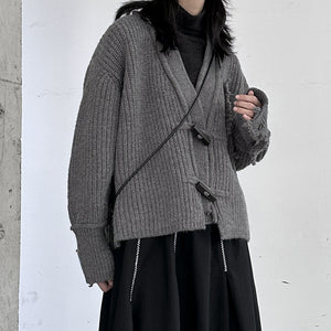 Dark Raw Edge V-neck Knitted Jacket