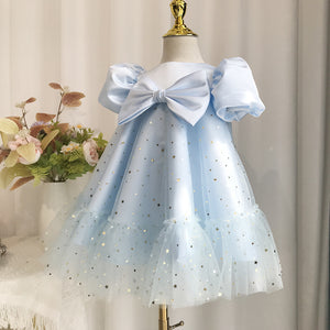 Elegant Baby Girls Blue Puff Sleeve High Waist Mesh Sequin Princess Dress Toddler Birthday Dress