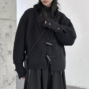 Dark Raw Edge V-neck Knitted Jacket