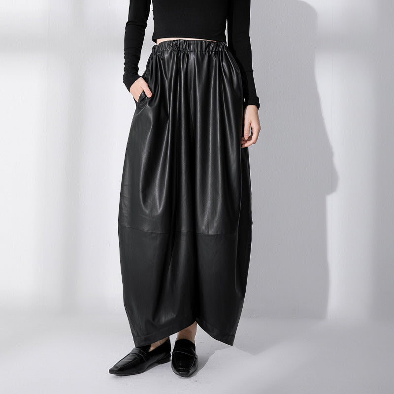 Black Loose High Waist PU Leather Pants