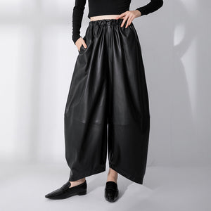 Black Loose High Waist PU Leather Pants