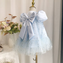 Load image into Gallery viewer, Elegant Baby Girls Blue Puff Sleeve High Waist Mesh Sequin Princess Dress Toddler Birthday Dress
