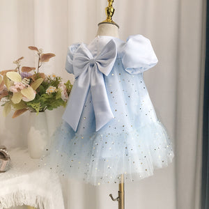 Elegant Baby Girls Blue Puff Sleeve High Waist Mesh Sequin Princess Dress Toddler Birthday Dress