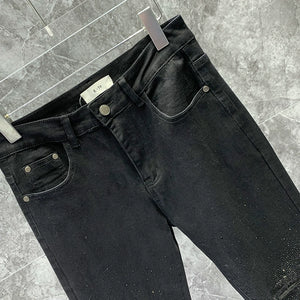 Casual Permed Ripped Black Stretch Denim Pencil Pants