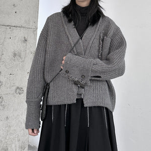 Dark Raw Edge V-neck Knitted Jacket