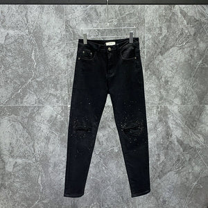 Casual Permed Ripped Black Stretch Denim Pencil Pants