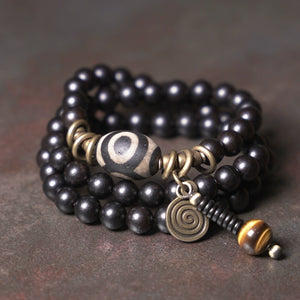 Ethnic Retro Cylindrical Dzi Beads Ebony Bracelet