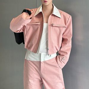 Contrast Color Patchwork Leather Zipper Large Pocket Jacket Casual Wide-leg Pants Two-piece Suit