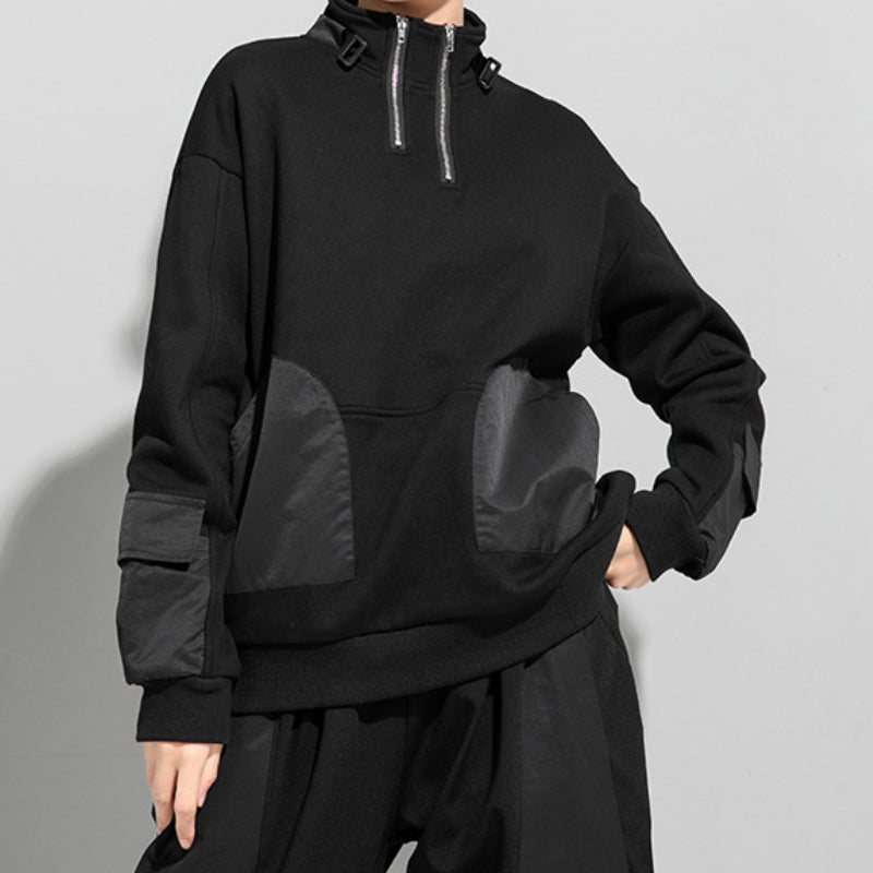 Black Pocket Zipper Loose Sweatshirt