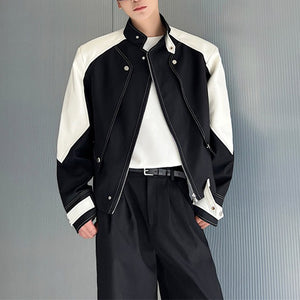 Black and White Contrast Structured Stand Collar Cropped Jacket