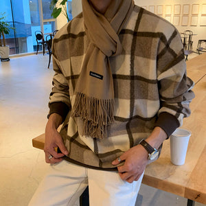 Casual Round Neck Color Block Plaid Loose Sweatshirt