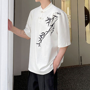 Bamboo Embroidery Stand Collar Button T-Shirt