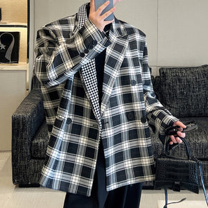 Double Collar Plaid Contrast Blazer