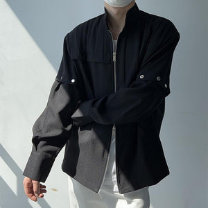 Accordion Pleated Zipper Stand Collar Jacket