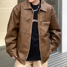 Load image into Gallery viewer, Distressed Brown PU Leather Zip-Up Jacket
