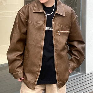 Distressed Brown PU Leather Zip-Up Jacket