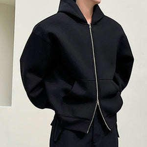 Double Zip Hooded Solid Color Jacket