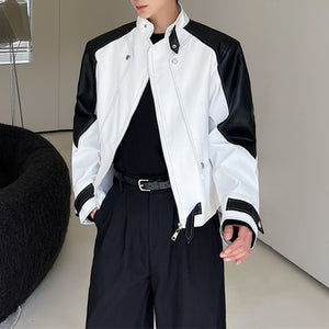 Black and White Contrast Structured Stand Collar Cropped Jacket