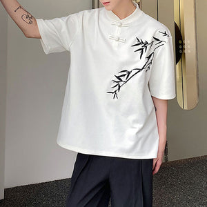 Bamboo Embroidery Stand Collar Button T-Shirt