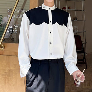 Asymmetric Stand Collar Contrasting Color Long Sleeve Shirt