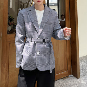 Houndstooth Belted Waist Casual Blazer