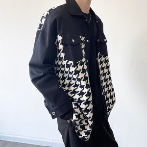 Houndstooth Panel Frayed Lapel Jacket