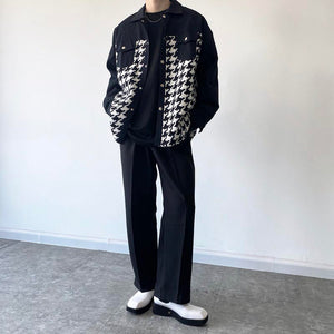 Houndstooth Panel Frayed Lapel Jacket