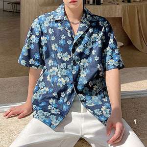 Blue Floral Lapel Short Sleeve Shirt